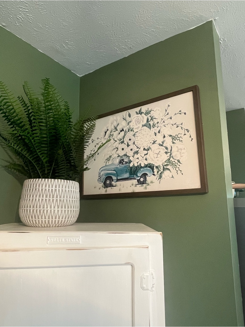 Framed Floral Truck Wall Art in Teal and Cream
